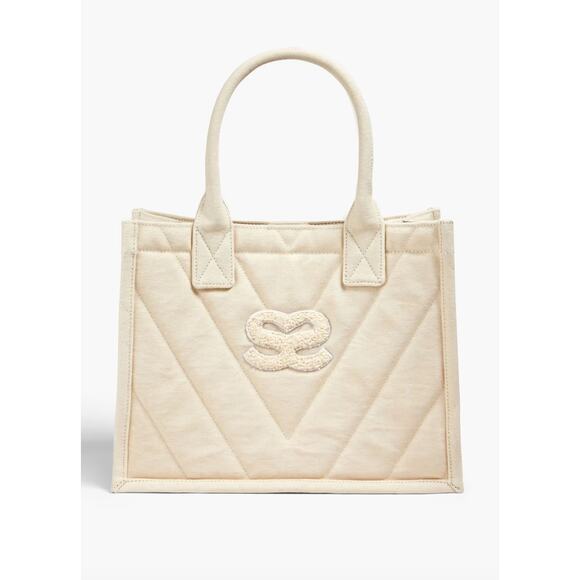 Sandro Kasbah Quilted Canvas Tote Bag Beige Cream Ecru Logo Minimalist $320 NWT - Picture 3 of 13